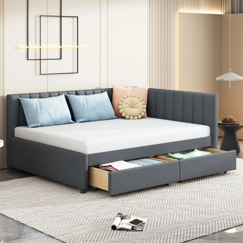 Photo 1 of Full Size Daybed with 2 Storage Drawers, Upholstered Corner Bed with Storage, Modern L-Shape Daybed Sofa Bed Fram, Linen Fabric, No Box Spring Needed, Grey--- box 2/2
