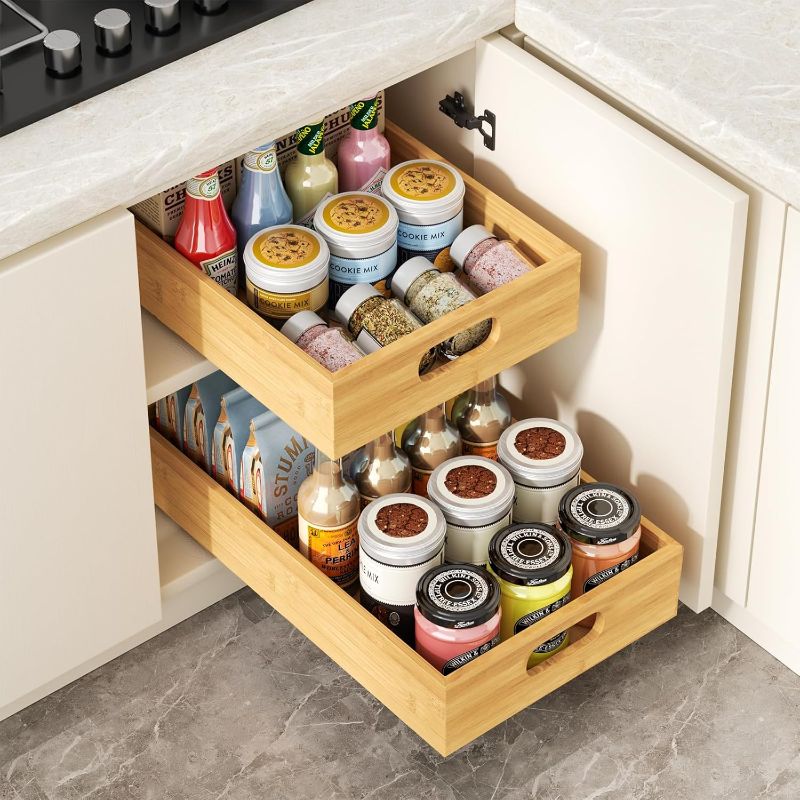Photo 1 of 1PCS Pull Out Cabinet Organizer, Bamboo Wood Slide Out Drawers (16.54" D x 9.85" W x 2.76" H)