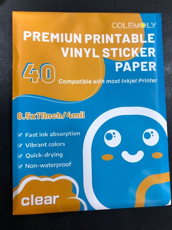 Photo 1 of Colemoly Printable Vinyl Clear Sticker Paper for Inkjet Printer-40 Transparent Dry-Quick Sheets of 8.5’’x11’’ Self-Adhesive Decals and Labels Non-Waterproof Papers Tear Resistance Bright Color for DIY