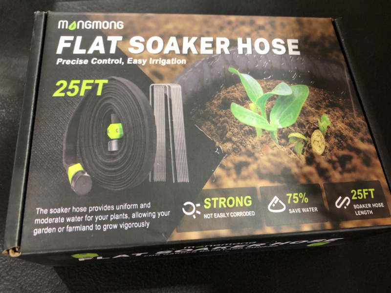 Photo 2 of Flat Soaker Hose 25FT for Garden Beds, Flexible Double Layer Drip Irrigation System with 8 Brackets, Saving 75% Water Linkable Expandable Auto Irrigation Tubing with Holes for Lawn Outdoor Plants