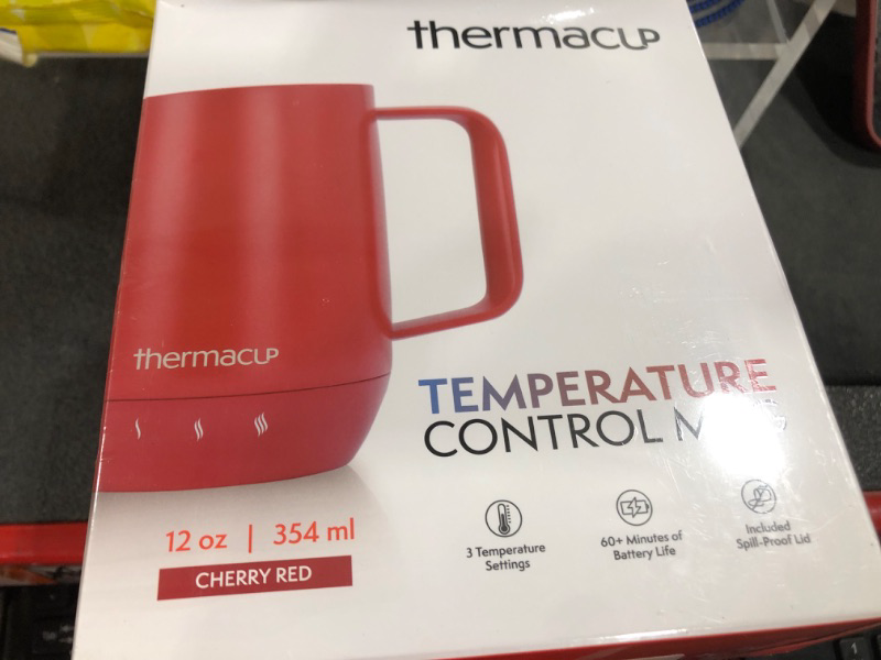 Photo 1 of Thermacup Self-Heating Temperature Controlled Coffee Mug with Lid, Led Electric Smart Cup, 3 Custom Heat Settings, Auto/Off Feature, Keeps Liquids Warm, Sip Smarter (Cherry Red – 12 oz)