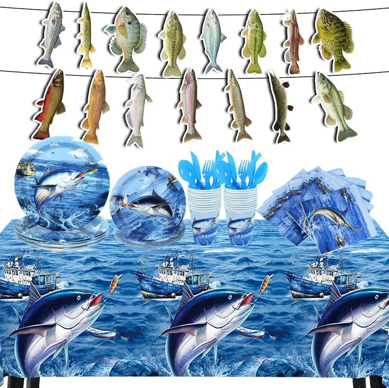 Photo 1 of 162 PCS Fishing Party Decorations, Fishing Party Favors Includes Plates, Napkins; Cups; Cutlery; Tablecloths; Banners Serve 20
