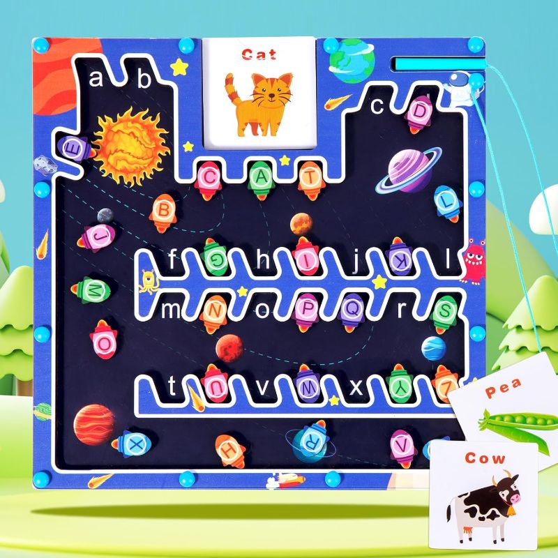 Photo 1 of 2 in 1 Magnetic Alphabet Letter Maze & Spelling Toy, Toddler Learning Activities, Montessori Wooden Puzzle Board, Educational Toys for Boys Girls 3 4 5 Years Old
