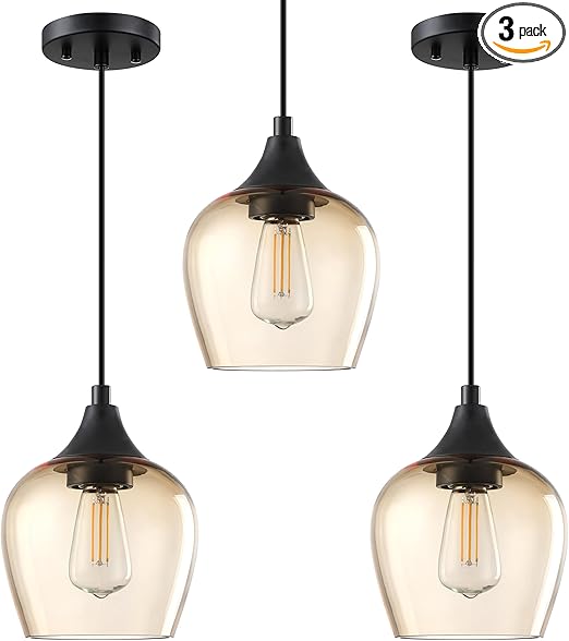 Photo 1 of 3 Pack 1 Light Indoor Hanging Kitchen Island 5.8" Amber Glass Pendant Ceiling Light Fixture,Black Finish for Farmhouse Over Table Sink Bedroom
