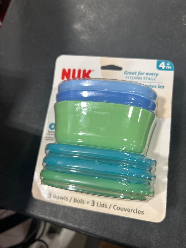 Photo 2 of NUK, Stacking Bowls, 4+ Months, Blue & Green, 3 Bowls + 3 Lids
