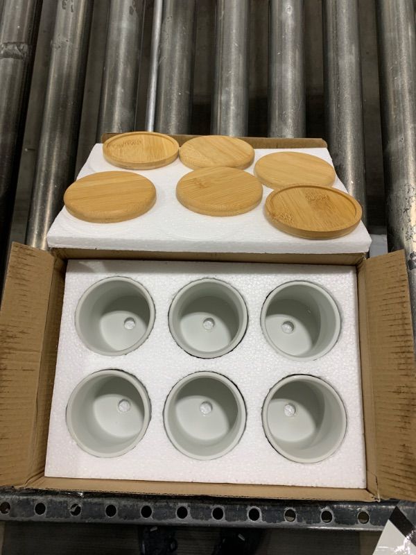 Photo 2 of 6 Pack Small Succulent Pots 3 Inch White Ceramic Planter Pot and Bamboo Tray (plants not included)