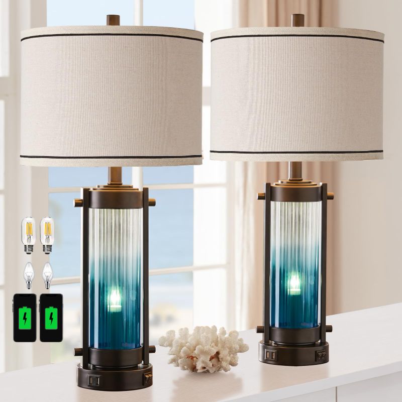 Photo 1 of Modern Table Lamps Set of 2, with Night Light Gradient Blue Glass Bedside Table Lamp 