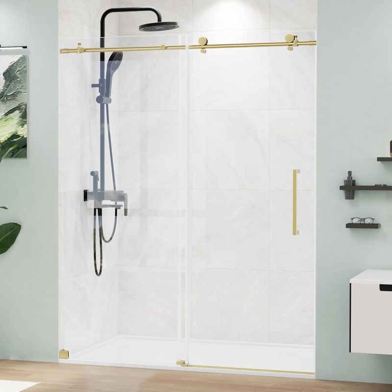 Photo 1 of Frameless Shower Door 56-59" W x 75" H, Sliding Shower Door with SGCC Tempered Ultra-Clear Glass, Gold Shower Door with Stainless Steel Handle and Side Seal Strip for Leak-Proof Design
