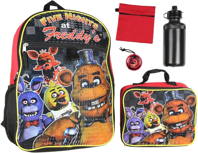 Photo 1 of Bioworld Five Nights At Freddy's 16" Backpack Lunch Box Water Bottle Lunch Kit -5 Piece Set
