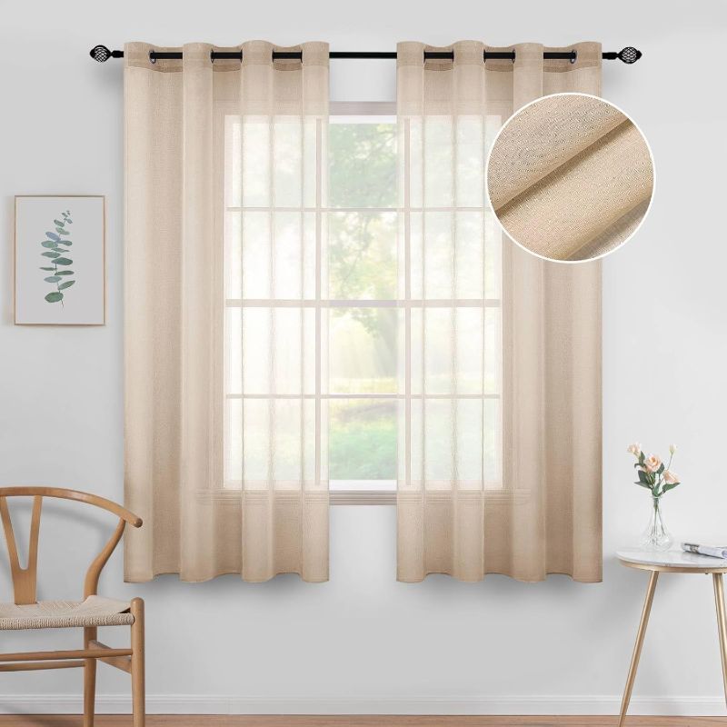 Photo 1 of MIULEE 2 Panels Beige Semi Sheer Window Curtains Elegant Grommet Top Window Voile Panels/Drapes/Treatment Linen Textured Panels for Bedroom Living Room 