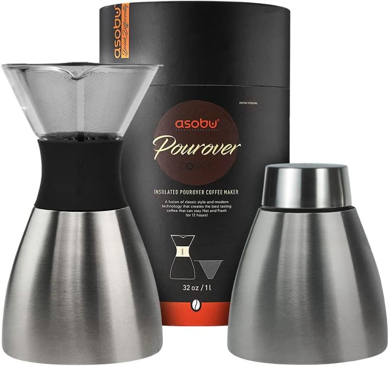 Photo 1 of asobu Insulated Pour Over Coffee Maker (32 oz.) Double-Wall Vacuum, Stainless-Steel Filter and Take on the Go Carafe (Wood)