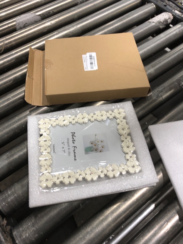 Photo 2 of Licotom Metal Picture Frame Silver Plated with Ivory White Enamel and Crystals, Lovely Flowers Photo Frame 5x7 inch