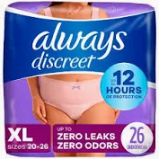 Photo 1 of Always Discreet Adult Postpartum Incontinence Underwear for Women - Maximum Protection xtra Heavy Absorbency,Postpartum Pads, 2X 32PCS  CT Long (Size 20-26 ) 