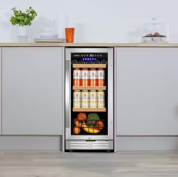 Photo 1 of 15 in. 130-Can Freestanding and Built-In Beverage Cooler Fridge with Adjustable Shelves - Stainless Steel


