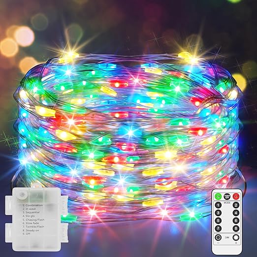 Photo 1 of 33 FT 200 LED Fairy Lights Battery Operated Christmas Lights Outdoor Decorations Waterproof String Lights with Timer 8 Modes Memory for Holiday Wedding Party Tree Wall Bedroom Garden-Multicolored