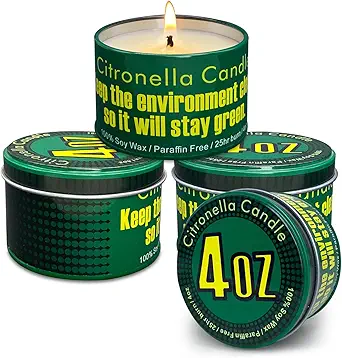 Photo 1 of  Green Strong Citronella Candles Outdoor, 4 Pack, 4 Oz, Outdoor Candles for Patio & Gardens Decor, Camping Accessories, Forests, Meadows, Mountain Campsites 