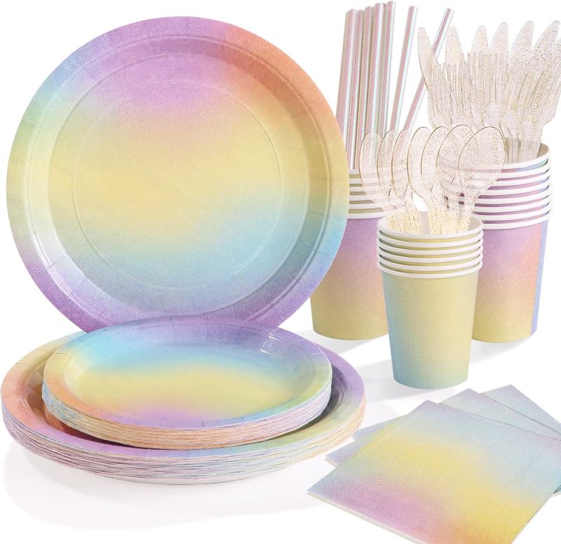 Photo 1 of 192Pcs Purple Pastel Birthday Decorations Pastel Plates and Napkins Party Supplies Pastel Rainbow Party Plates, Pink Purple Birthday Plates for Iridescent Colorful Easter Party, Serves 24
