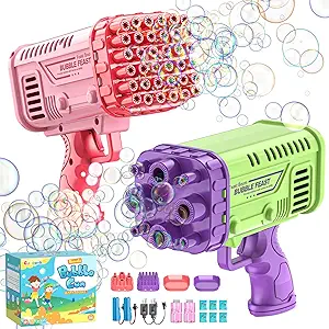 Photo 1 of 2 Pack Mini Bubble Machine Gun, 36 Holes Bubble Gun Blaster for Kids & Toddlers 3+, Mini Bubbles Blower with Solution, for Boys, Outdoor, Party, Toys, Wedding, Gifts (Pink & Purple & Green)
