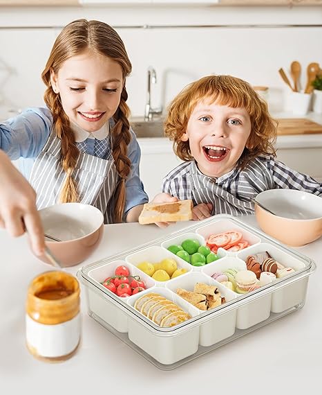 Photo 1 of 1 Pack Portable Snackle Box Container, Divided Serving Tray with Lid and Handle, Fruits, Clear Snack Platter Organizer and Storage for Adults Child (11.81" L*8.85"W-1pcs-8 Compartments)