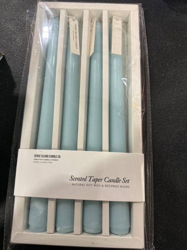 Photo 2 of Baby Blue Taper Candles 10'' Candle Sticks Set of 4 | Vanilla Scented Natural Soy Wax Candlesticks for Gender Reveal, Home Decor, 3/4'' Diameter Tapered Candles House Warming Gifts
