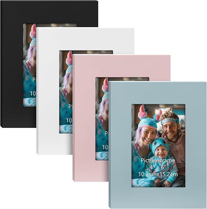 Photo 1 of EYMPEU 4x6 Mixed Colors Picture Frames Set of 4,Real Glass 4x6 Solid Wood Photo Frames for Wall Mounted or Tabletop Display, Colorful Matte Finish Wide Frame, ?Light Blue+Light Pink+Black+White?