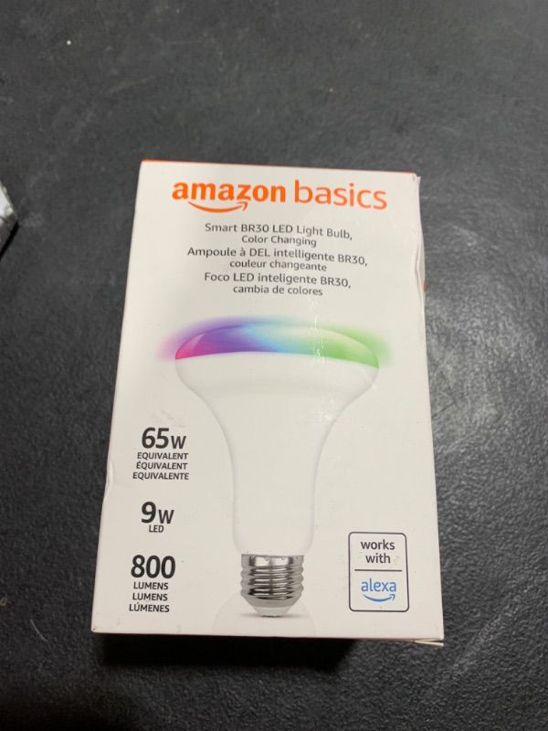 Photo 2 of Amazon Basics Smart BR30 LED Light Bulb, Color Changing, 60W Equivalent, 800LM, Works with Alexa Only, 2.4 GHz Wi-Fi, No Hub Required, 1-Pack