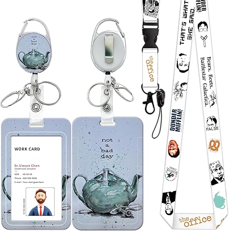 Photo 1 of ID Badge Holder with Lanyard and Retractable Badge Reel Clip, Vertical ID Card Protector with Breakaway Lanyard, Funny The Office Gifts for Coworkers, Students, Friends (Style - E)
