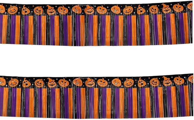 Photo 1 of Halloween Decorations Foil Fringe Garland Tinsel Streamers 2 Packs 20 Ft,Orange Purple Black Pumpkin Hanging Backdrop Banner Table Skirts for Halloween Party Supplies
