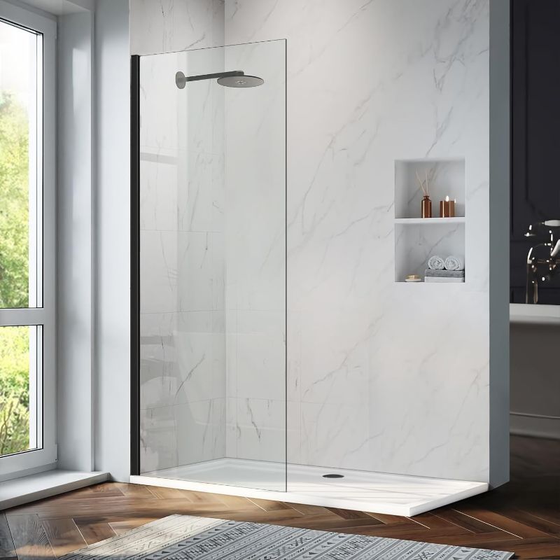 Photo 1 of Bathroom Shower Glass Door Panel, 34" W×74" H Fixed Frameless Shower Glass Door, 5/16"(8mm) Thick Clear Tempered Glass Door Screen, Matte Black
