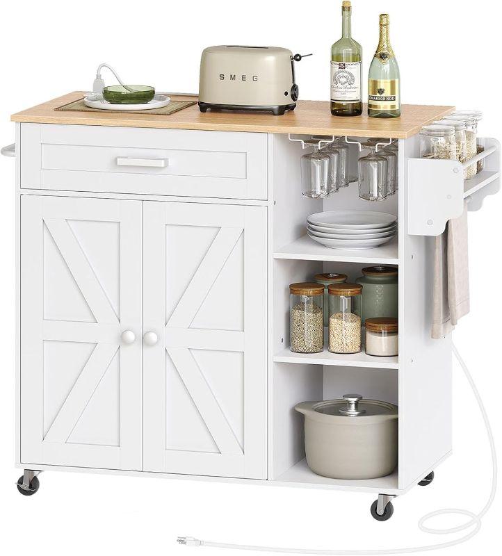 Photo 1 of Kitchen Island Cart with Storage, Rolling Island Cart with Dual-Door Cabinet, Kitchen Island Table with 3 AC Outlets, with Spice Rack Mobile Kitchen Storage Islands, White and Natural MZD02UWN
