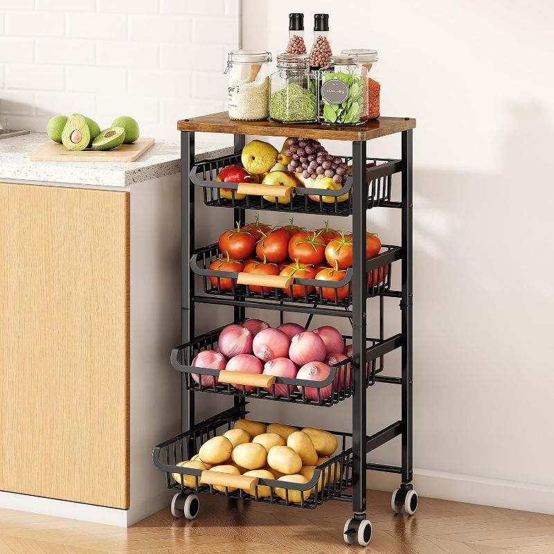 Photo 1 of SAYZH Fruit Basket for Kitchen, 5 Tier Large Pull-Out Wire Basket with Wood Top and Wheels, Kitchen Storage Cart for Fruit Vegetable Onions Potatoes Banana, Black
