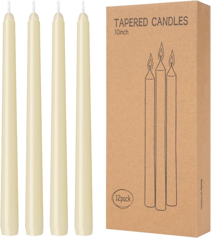 Photo 1 of 12 Pack Ivory Taper Candles 10 inch - Taper Candles Dripless, Smokeless, Unscented - 8 Hours Long Burning - Hand Poured Tall Candlesticks - Perfect for Home Decor, Weddings, and Special Occasions
