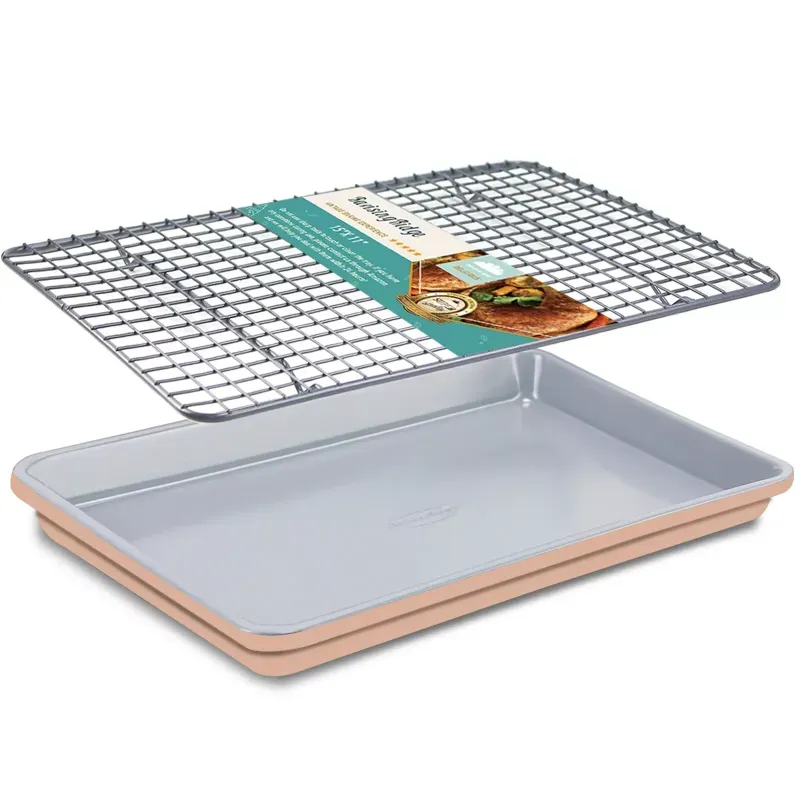 Photo 1 of Baking Sheet with Rack Set (1 Pans + 1 Racks), 1mm Ultra-thick Bicolor Baking Pan with Cooling Rack, Nonstick Cookie Sheet, Warp Resistant/Heavy Duty/Rust Free (Apricot & Grey)