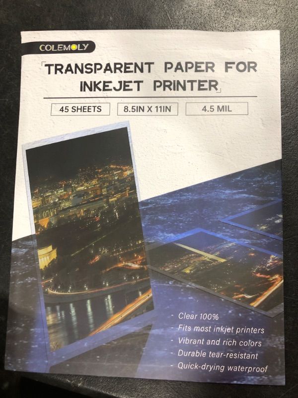 Photo 1 of Colemoly Transparency Sheets Transparent Paper 45 Sheets Inkjet Transparency Film Inkjet Printer (100% Clear) Acetate Sheets Clear Paper 8.5x11 Inches for Crafts, Premium Print