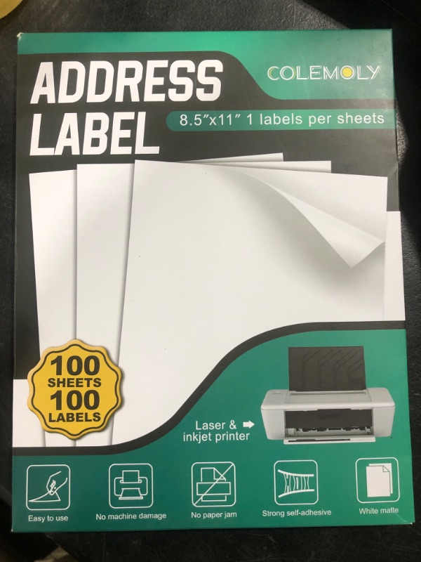 Photo 2 of Colemoly 8.5x11 Inch Premium Address Labels - 100 Sheets for Inkjet/Laser Printers Matte White 100 Blank Labels Sticker Paper for Mailing, Shipping, and Organizing