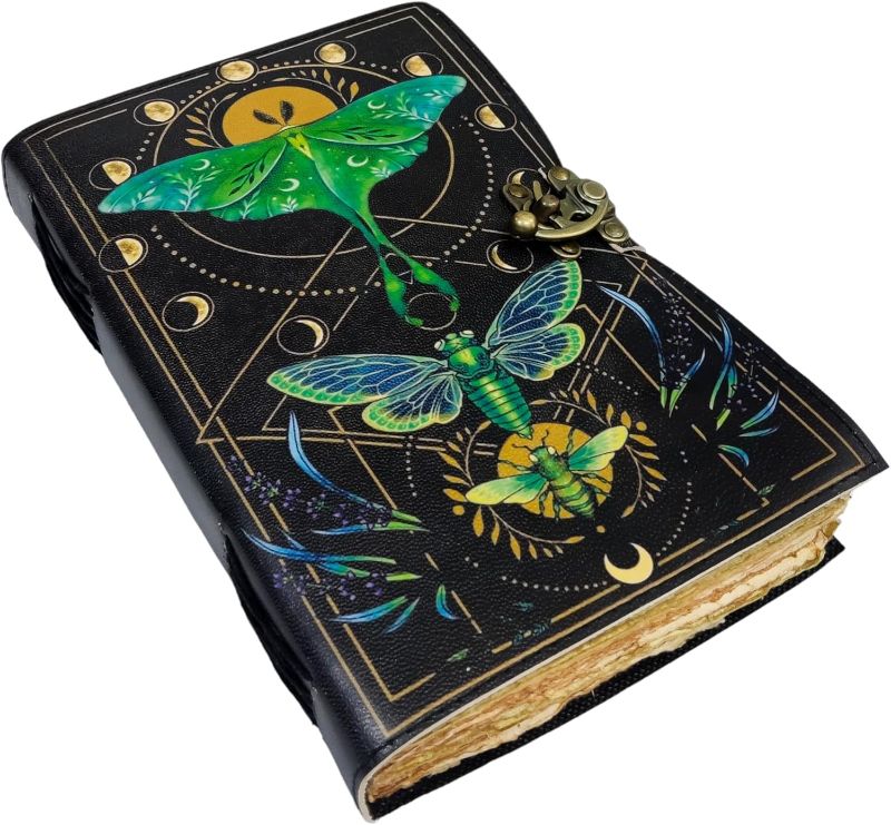 Photo 1 of Blank Spell Book Of Shadows Vintage Handmade Leather Journal With Lock Witchcraft Supplies Luna Moth and Morpho Butterfly Print Diary Prayer Pagan Wiccan Decor notebook Luna-2 (7 X 5) 