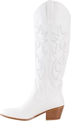 Photo 1 of CSHO Women's Western Cowboy Boots, White Fashion Embroidered Knee-High for Women Chunky Heels cowgirl Boots 11