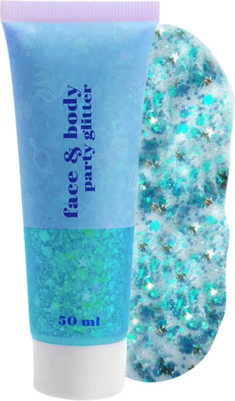 Photo 1 of CCbeauty Blue Body Glitter,Face Glitter Gel,Singer Concerts Music Festival Rave Accessories,Sequins Glitter Face Paint,Chunky Glitter for Eye Lip Hair,Sparkling Holographic Gel for Women,50ml