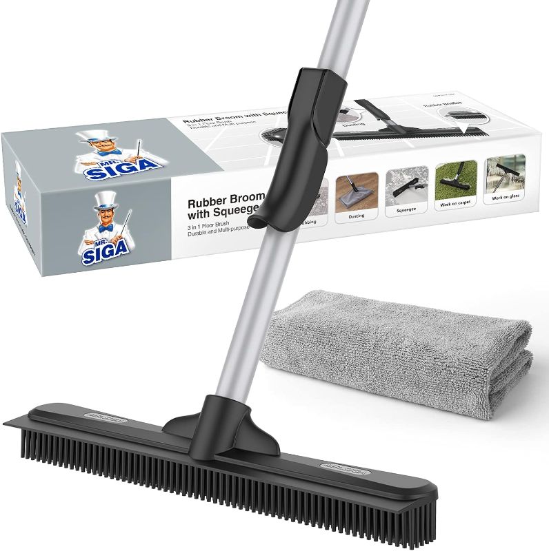 Photo 1 of MR.SIGA Pet Hair Removal Rubber Broom with Built in Squeegee, 3 in 1 Floor Brush for Carpet, 61 inch Adjustable Handle