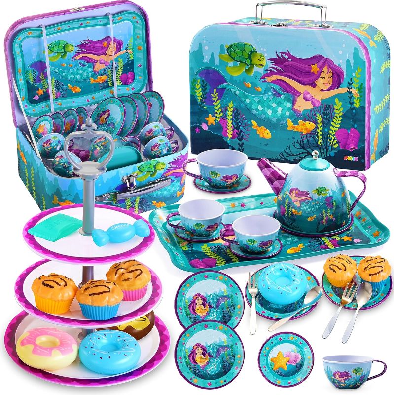 Photo 1 of JOYIN Cute Under The Sea Mermaid Pretend Tin Teapot Set for Tea Party and Kids Kitchen Pretend Play