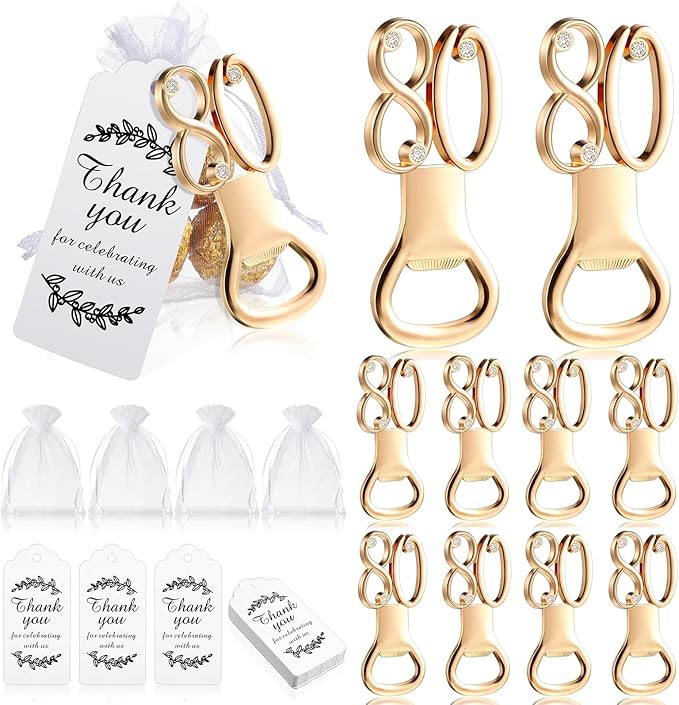 Photo 1 of 50 Pieces Golden Bottle Opener Set Birthday Party Favor Opener with White Sheer Organza Bags Thank You Tags Birthday Wedding Anniversaries Souvenirs Favors Decorations for Guests(80th)