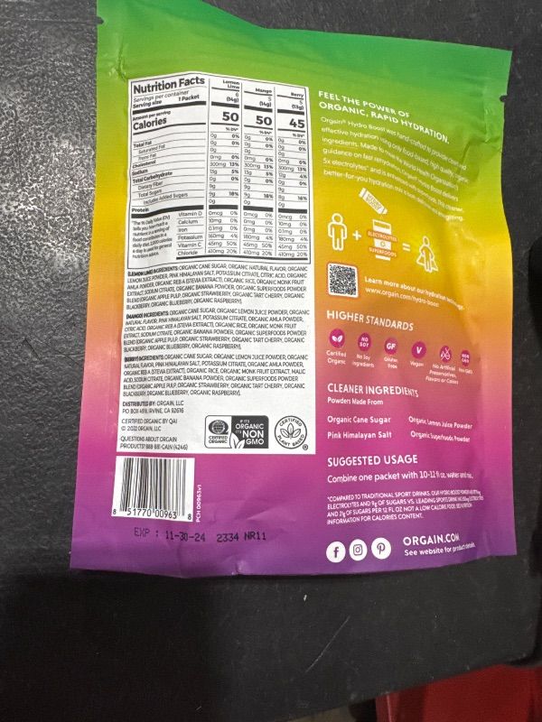 Photo 2 of Orgain Organic Hydration Packets, Electrolytes Powder - Variety Pack Hydro Boost with Superfoods, Vegan, Gluten-Free, No Soy Ingredients, Non-GMO, Less Sugar than Sports Drinks, 16 Count