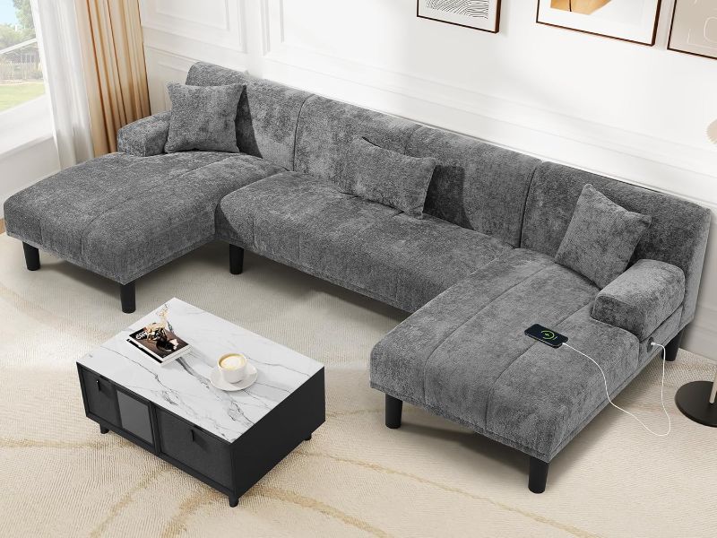 Photo 1 of YITAHOME Sectional Couches for Living Room, U Shaped Sofa Chenille Modern Couch with USB & Type C Charging Ports Double Chaise and Comfy Upholstered, Grey ONLY PARTIAL SET 