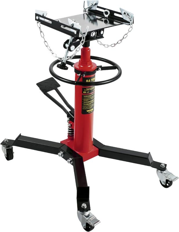 Photo 1 of VEVOR Transmission Jack, 1322 LBS (3/5 Ton) Capacity 2-Stage Hydraulic Telescopic Jack, Transmission Jack Stand with Foot Pedal and 360° Swivel Wheel, 33-1/2"-67" Lifting Range, Red
