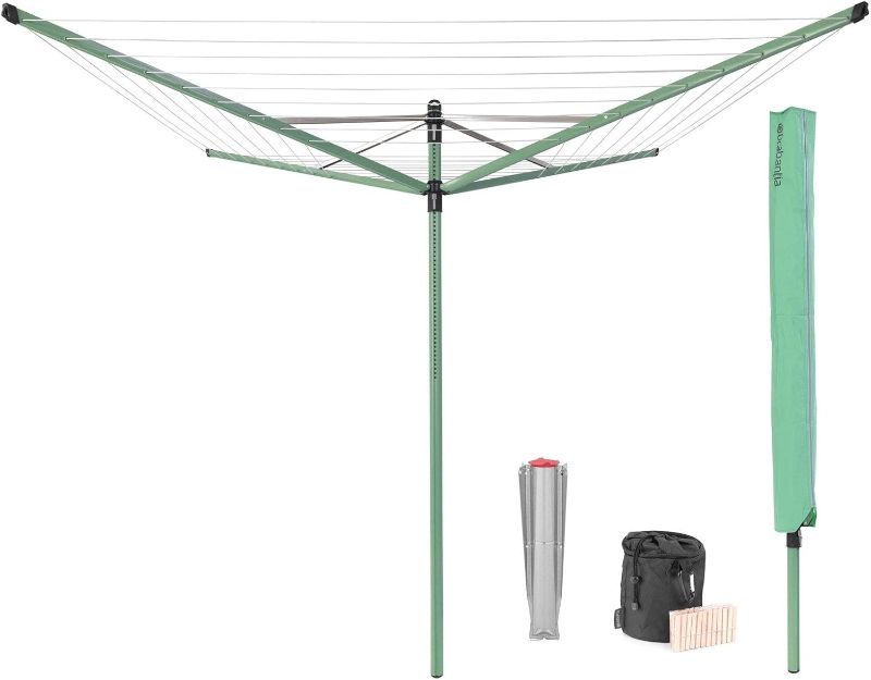 Photo 1 of Brabantia Lift-O-Matic Outdoor 4 Arm Clothesline (164 ft/Ø 1.8") Height Adjustable, Folding Clothes Drying Rack + Ground Spike, Cover + Bag of Clothespins (Green)
