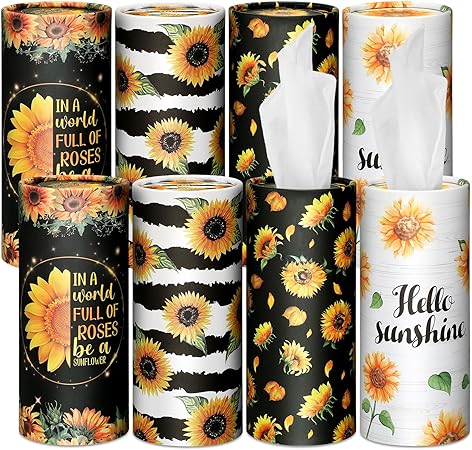 Photo 1 of  8 Pcs Sunflower Car Tissue Cylinder with 3-ply Facial Tissue Bulk Round Tissues Holder Box Travel Tissue Cylinders Tubes