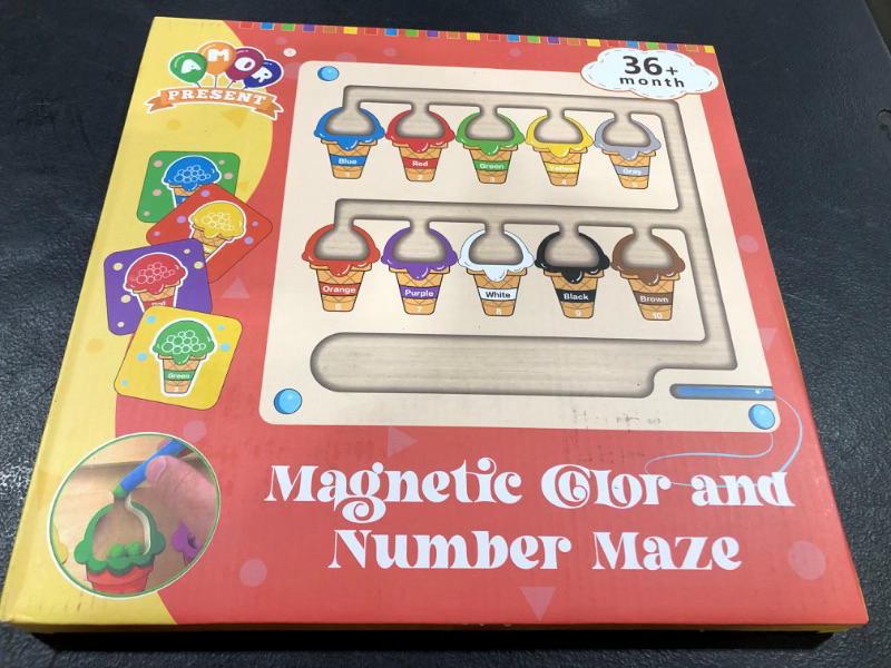 Photo 2 of AMOR PRESENT Magnetic Color and Number Maze, Montessori Wooden Color Matching Learning Counting Puzzle Board Magnetic Ice Cream Toy for Toddler Kids