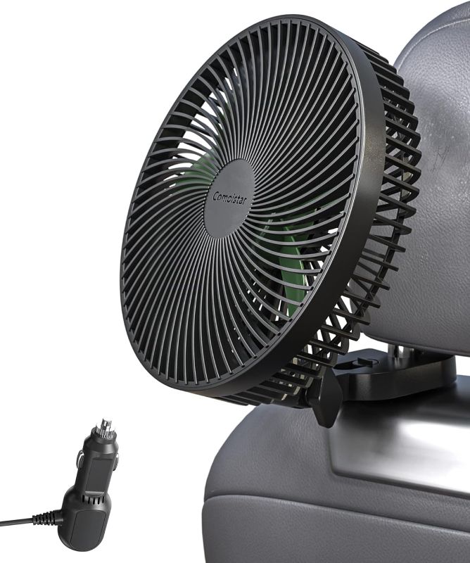 Photo 1 of 8.5 Inch Portable Car Cooling Fan, 12V/24V Electric Vehicle Fans with Stepless Control, 150° Rotation, Quiet Air Circulator Fan with Cigarette Lighter for SUV, RV, Truck, Boat for Rear Seat, Headrest 