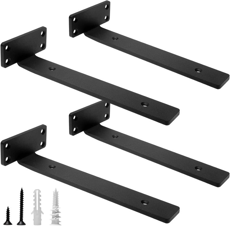 Photo 1 of BATODA - 10" Floating Shelf Bracket (4 pcs) – Black Metal L Brackets - Hidden Brackets for Floating Wood Shelves - Blind Shelf Support - Shelving Mounting Hardware Included (Pack 4)