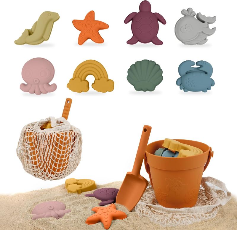 Photo 1 of 11Pcs Beach Toys, Silicone Beach Toys, Baby Sand Toys, Sand Toys with Bucket, Shovel, 8 Sand Molds, Mesh Bag, Travel Beach Sand Toys for Kids Ages 3+
